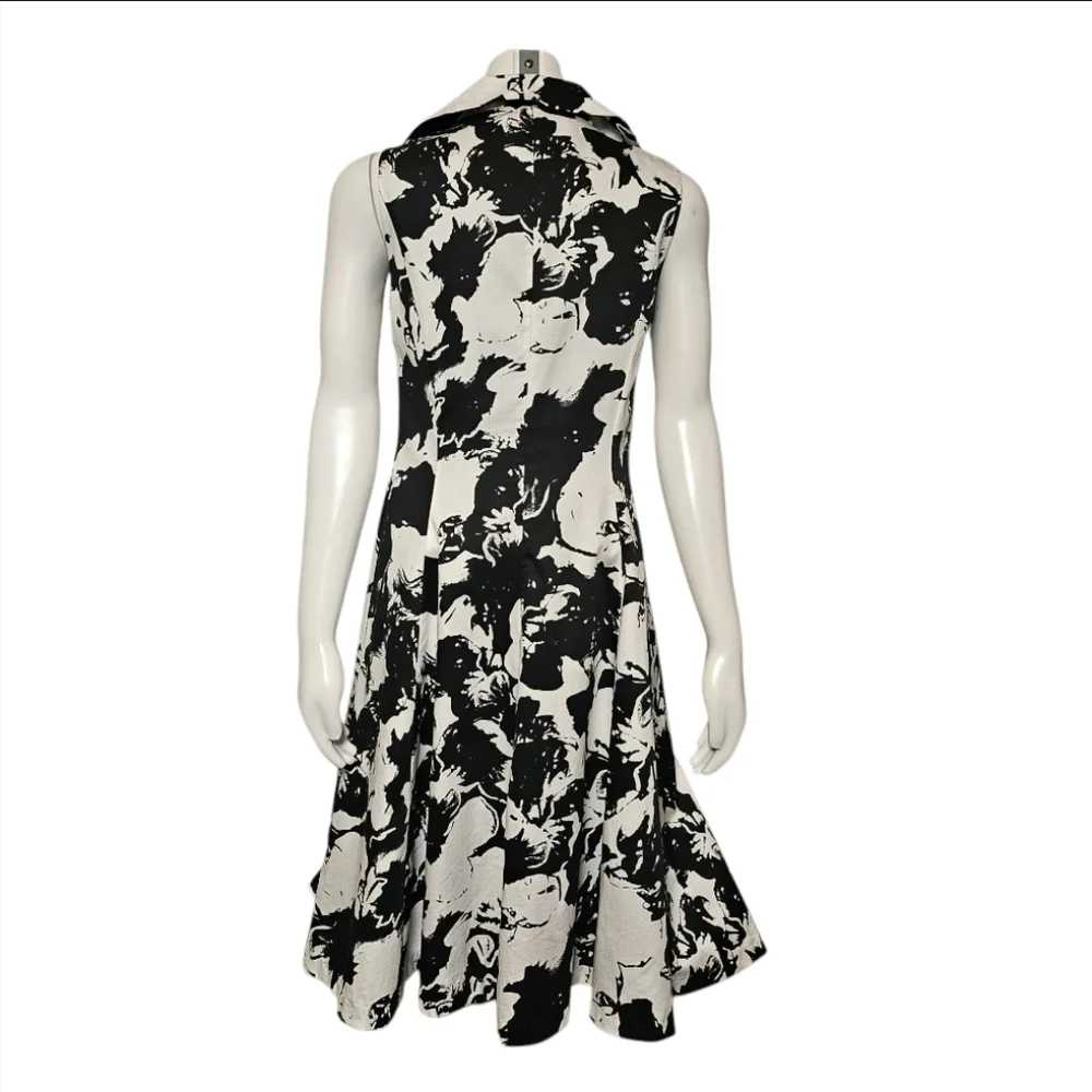 Jones New York Dress Black and White Floral Button Front Sleeveless Collar sz 4